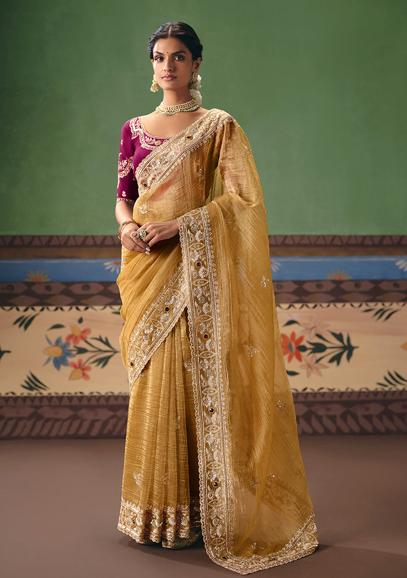 Monjolika Fashion Mustard Fancy Fabric Embroidered Saree | Grocsy