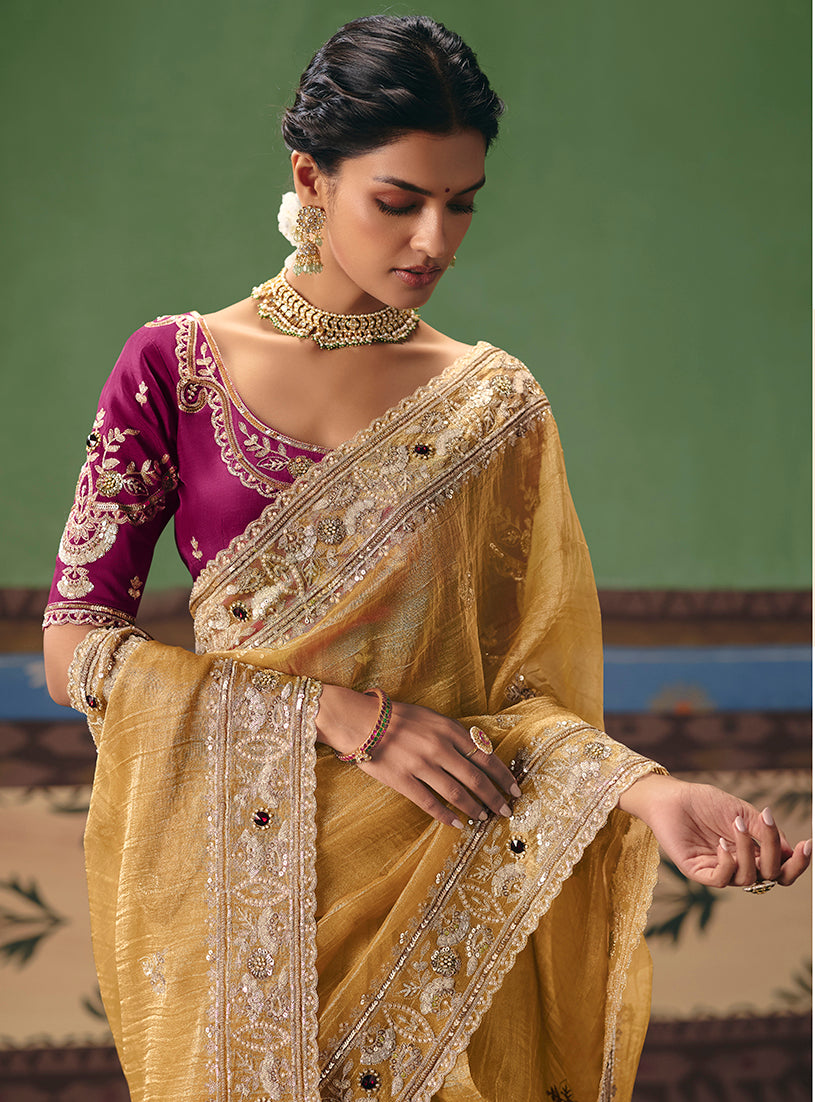 Monjolika Fashion Mustard Fancy Fabric Embroidered Saree | Grocsy