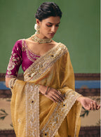 Monjolika Fashion Mustard Fancy Fabric Embroidered Saree | Grocsy