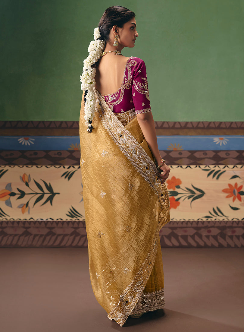 Monjolika Fashion Mustard Fancy Fabric Embroidered Saree | Grocsy