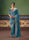 Monjolika Fashion Sky Blue Fancy Fabric Embroidered Saree | Grocsy