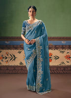 Monjolika Fashion Sky Blue Fancy Fabric Embroidered Saree | Grocsy