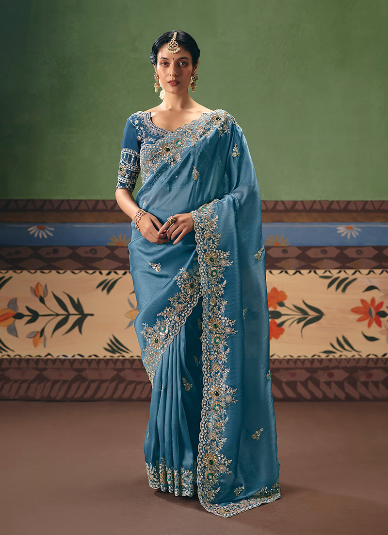 Monjolika Fashion Sky Blue Fancy Fabric Embroidered Saree | Grocsy