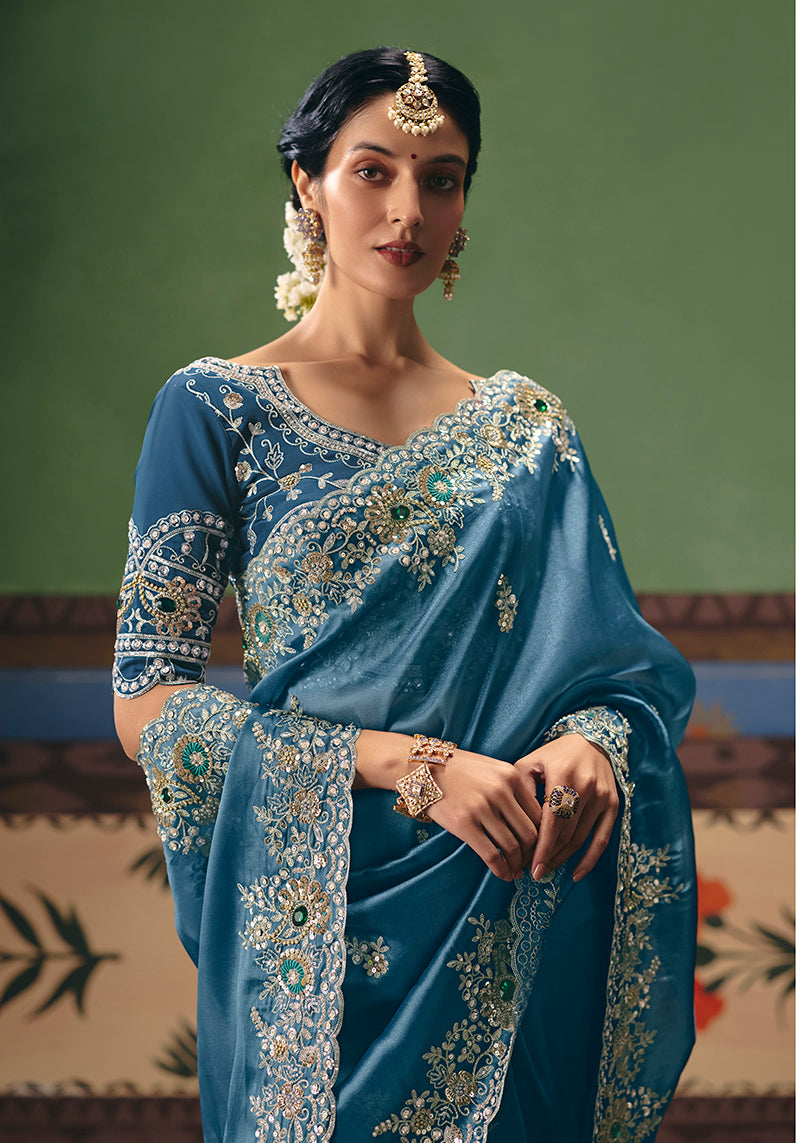 Monjolika Fashion Sky Blue Fancy Fabric Embroidered Saree | Grocsy
