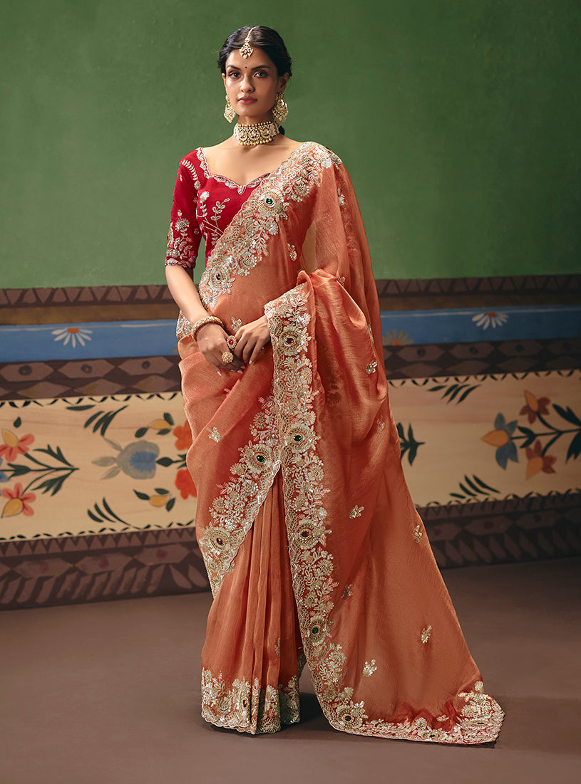 Monjolika Fashion Coral Fancy Fabric Embroidered Saree | Grocsy