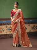 Monjolika Fashion Coral Fancy Fabric Embroidered Saree | Grocsy