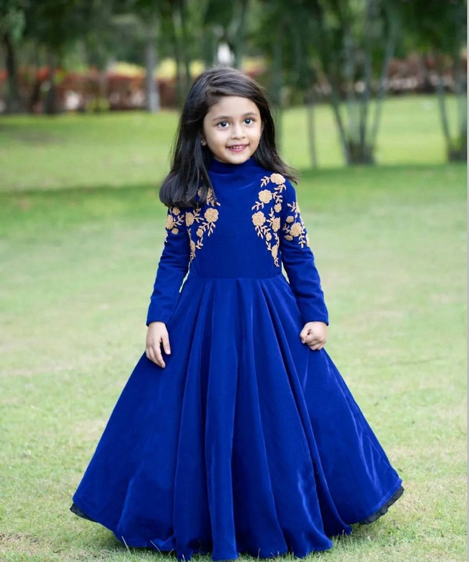 Evanik Blue Designer Heavy Viscose Velvet Embroidered Work Party Wear Kids Gown | Grocsy