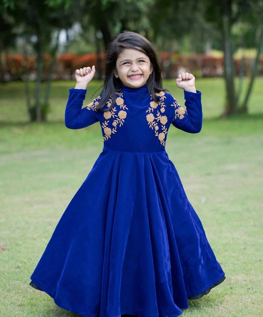 Evanik Blue Designer Heavy Viscose Velvet Embroidered Work Party Wear Kids Gown | Grocsy