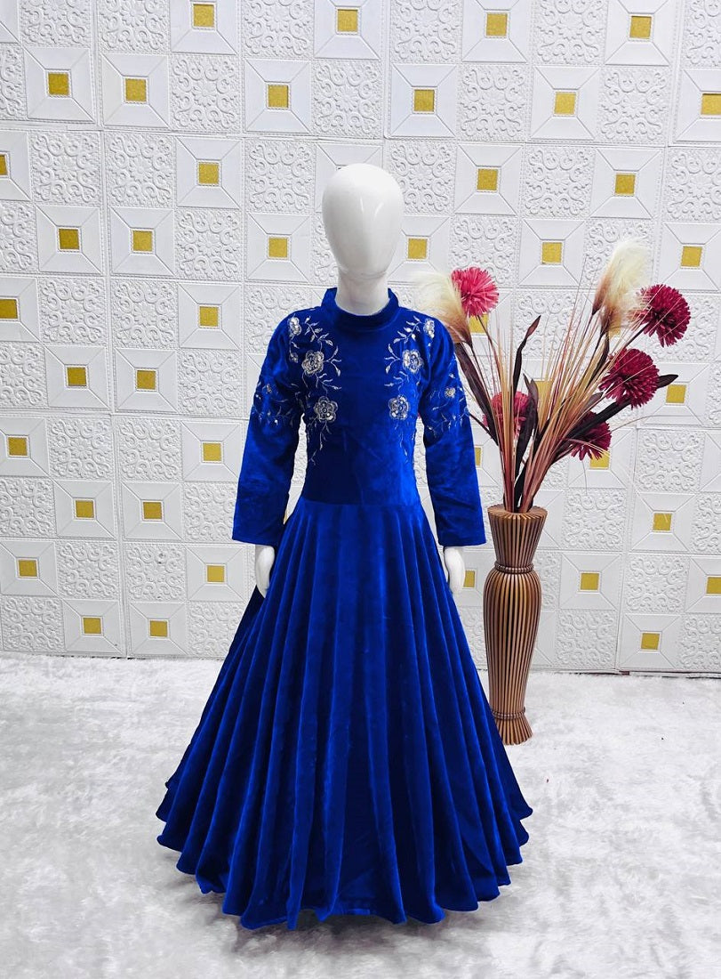 Evanik Blue Designer Heavy Viscose Velvet Embroidered Work Party Wear Kids Gown | Grocsy
