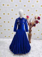 Evanik Blue Designer Heavy Viscose Velvet Embroidered Work Party Wear Kids Gown | Grocsy