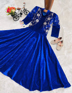 Evanik Blue Designer Heavy Viscose Velvet Embroidered Work Party Wear Kids Gown | Grocsy