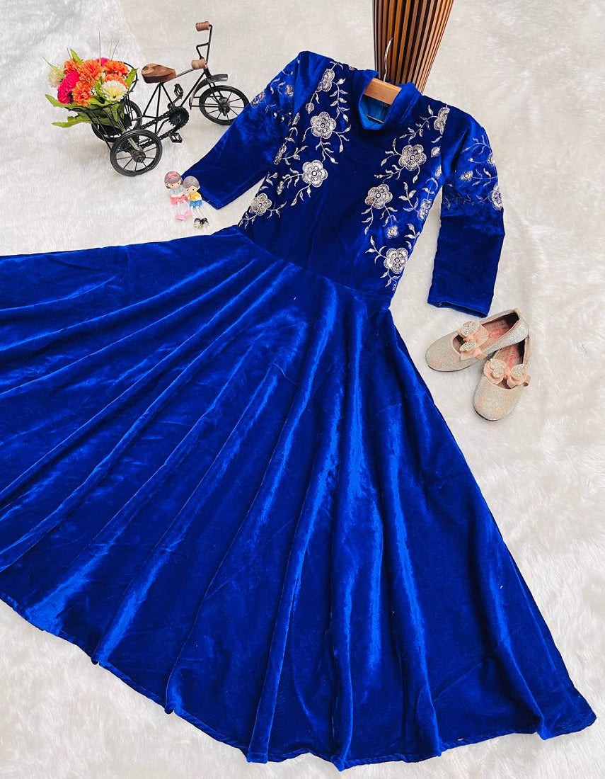 Evanik Blue Designer Heavy Viscose Velvet Embroidered Work Party Wear Kids Gown | Grocsy