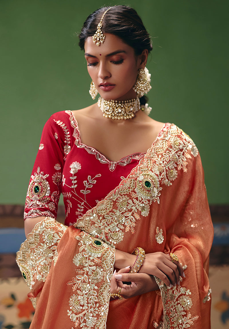 Monjolika Fashion Coral Fancy Fabric Embroidered Saree | Grocsy