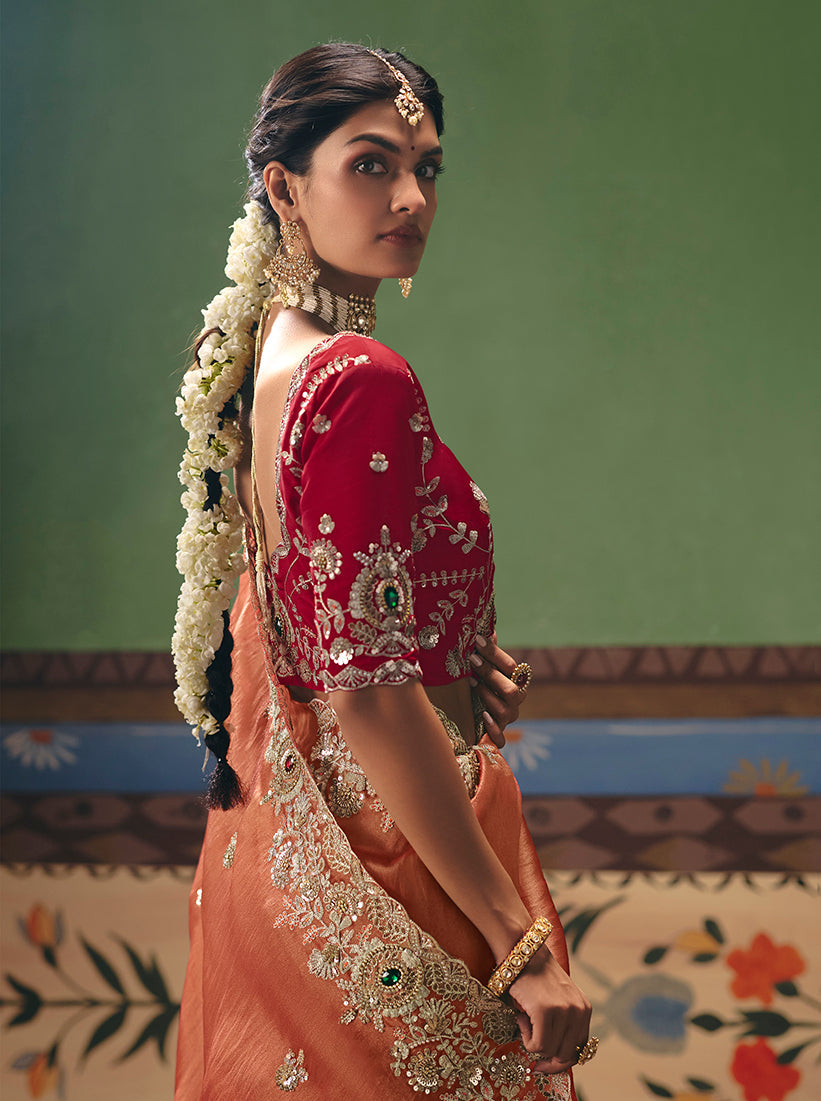 Monjolika Fashion Coral Fancy Fabric Embroidered Saree | Grocsy