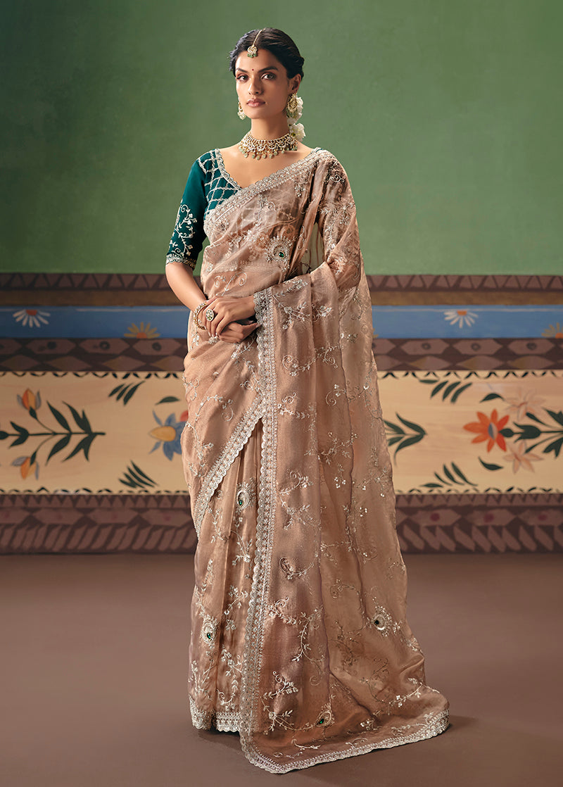 Monjolika Fashion Beige Fancy Fabric Embroidered Saree | Grocsy