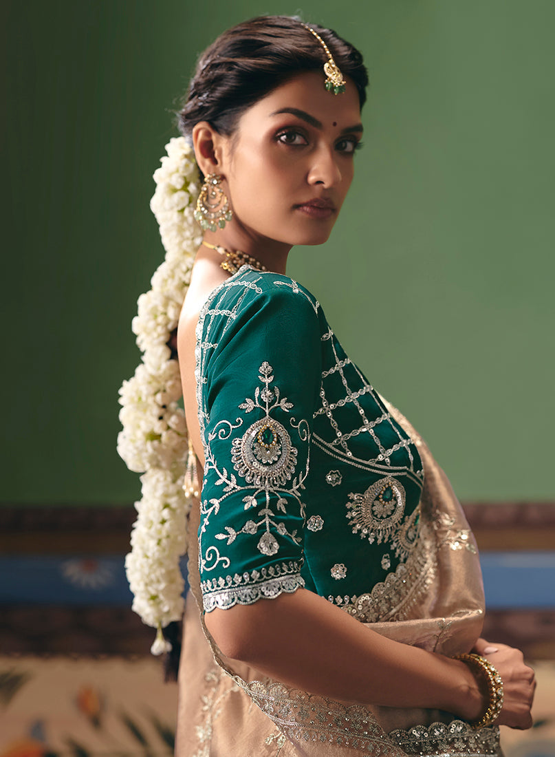 Monjolika Fashion Beige Fancy Fabric Embroidered Saree | Grocsy
