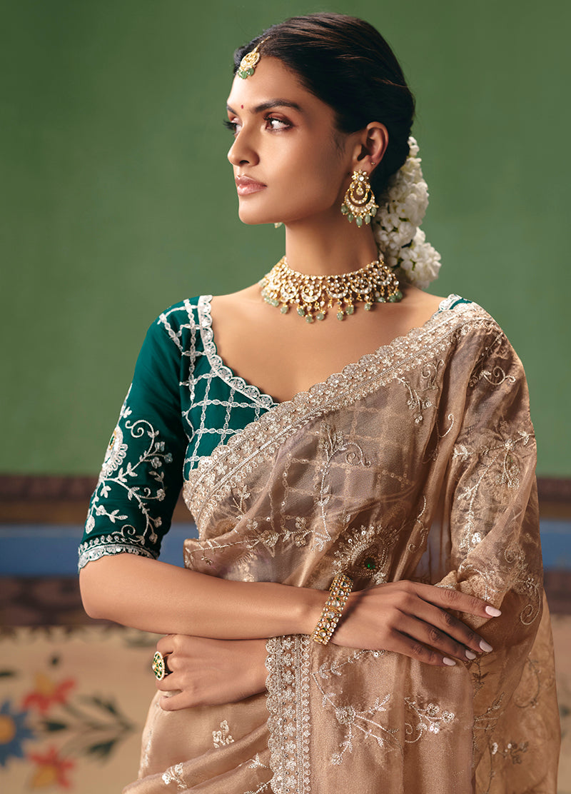 Monjolika Fashion Beige Fancy Fabric Embroidered Saree | Grocsy