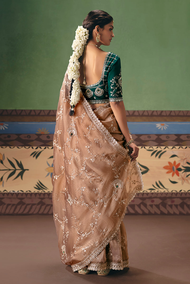 Monjolika Fashion Beige Fancy Fabric Embroidered Saree | Grocsy