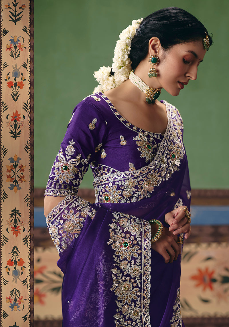 Monjolika Fashion Purple Fancy Fabric Embroidered Saree | Grocsy