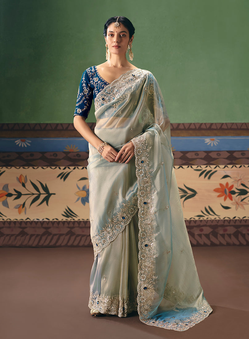 Monjolika Fashion Light Sea Green Fancy Fabric Embroidered Saree | Grocsy