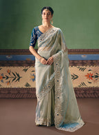Monjolika Fashion Light Sea Green Fancy Fabric Embroidered Saree | Grocsy