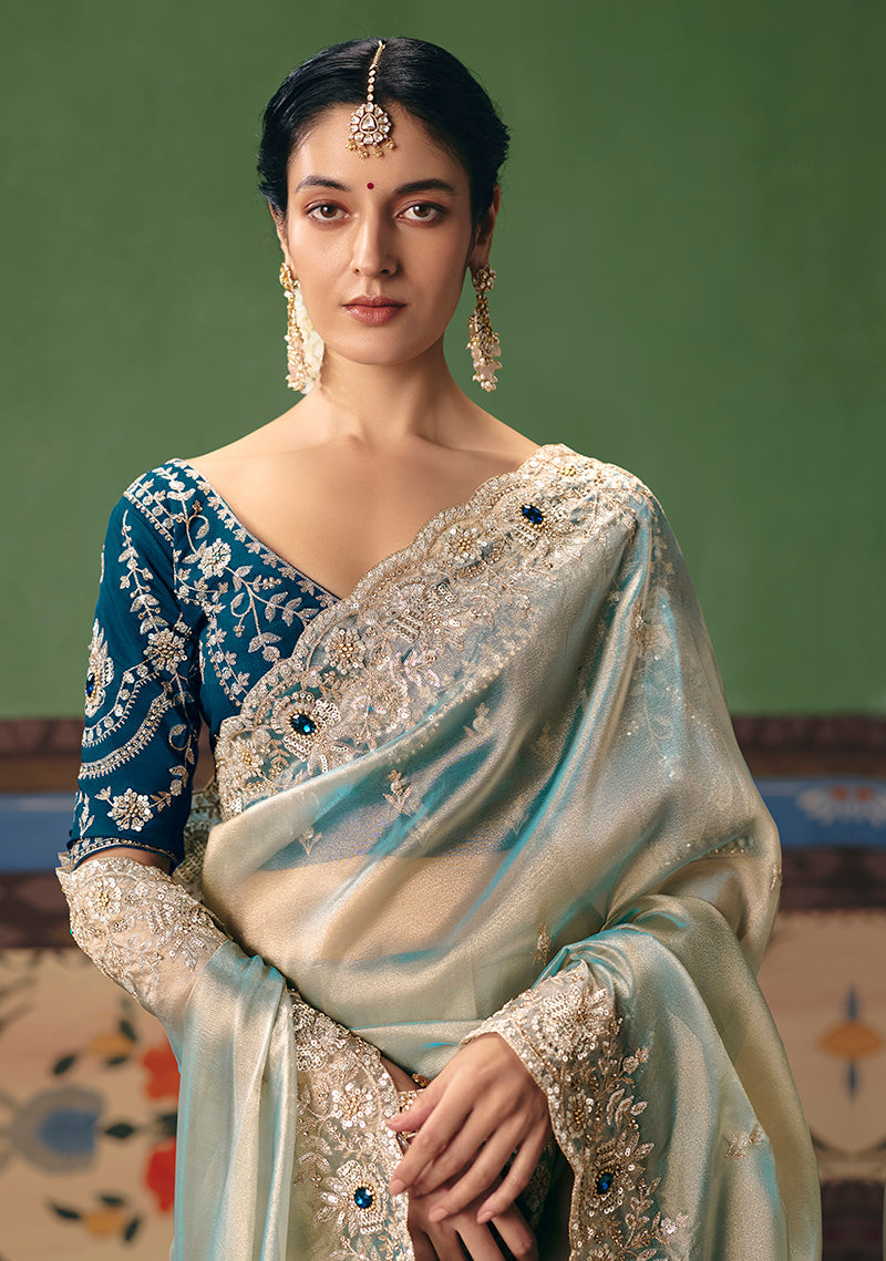Monjolika Fashion Light Sea Green Fancy Fabric Embroidered Saree | Grocsy