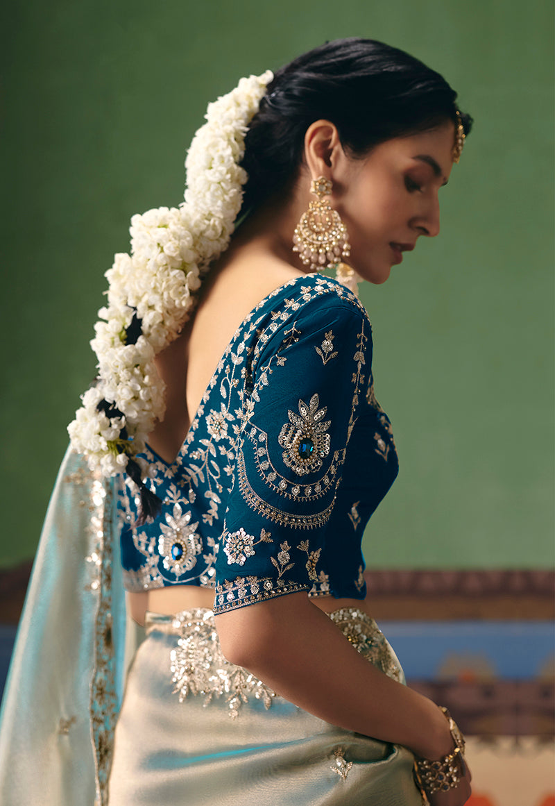 Monjolika Fashion Light Sea Green Fancy Fabric Embroidered Saree | Grocsy