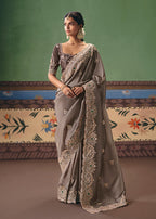Monjolika Fashion Taupe Fancy Fabric Embroidered Saree | Grocsy