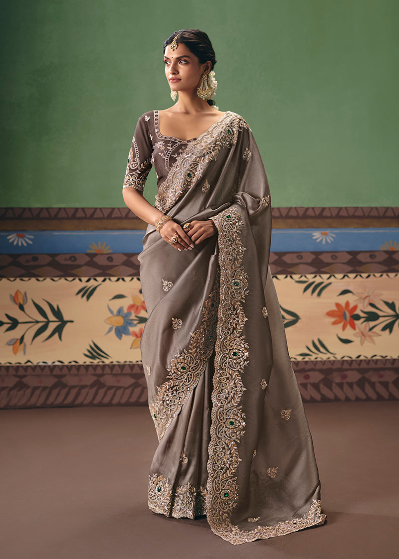 Monjolika Fashion Taupe Fancy Fabric Embroidered Saree | Grocsy