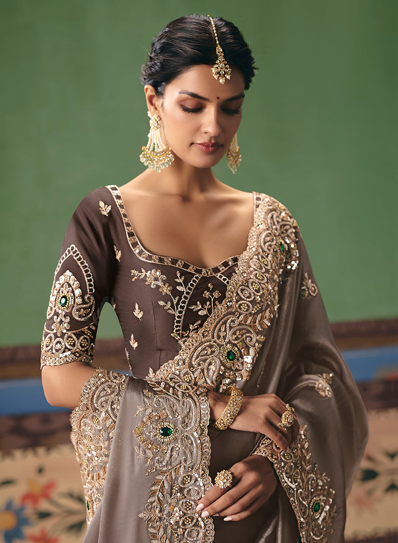 Monjolika Fashion Taupe Fancy Fabric Embroidered Saree | Grocsy