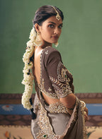 Monjolika Fashion Taupe Fancy Fabric Embroidered Saree | Grocsy