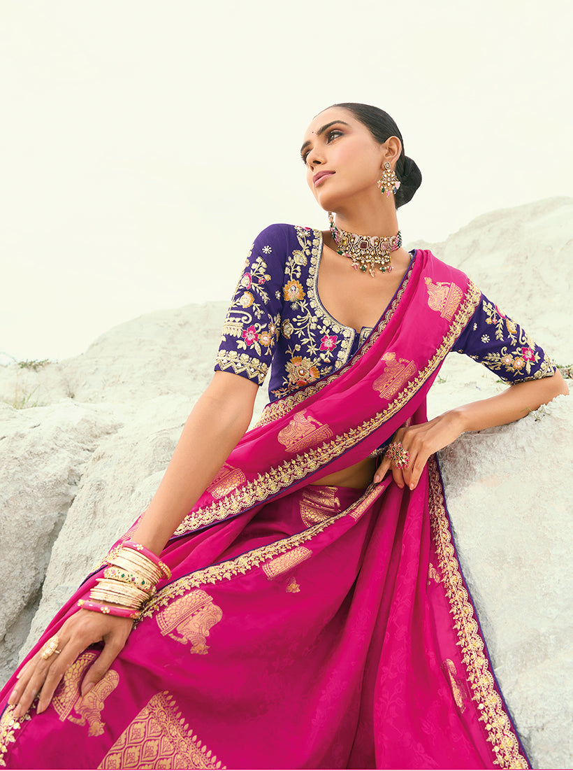 Monjolika Fashion Organza Viscose Satin Embroidered Rani Pink Saree | Grocsy