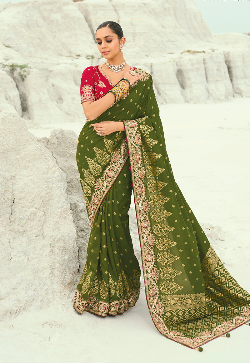 Monjolika Fashion Viscose Embroidered Mehendi Green Saree | Grocsy