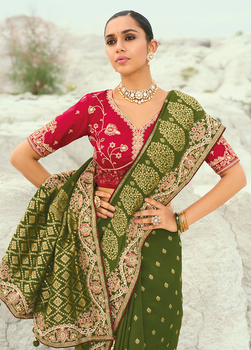 Monjolika Fashion Viscose Embroidered Mehendi Green Saree | Grocsy