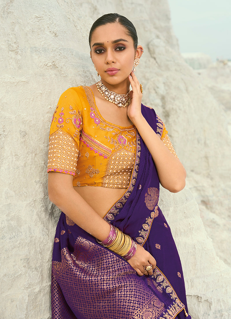 Monjolika Fashion Organza Viscose Satin Embroidered Purple Saree | Grocsy