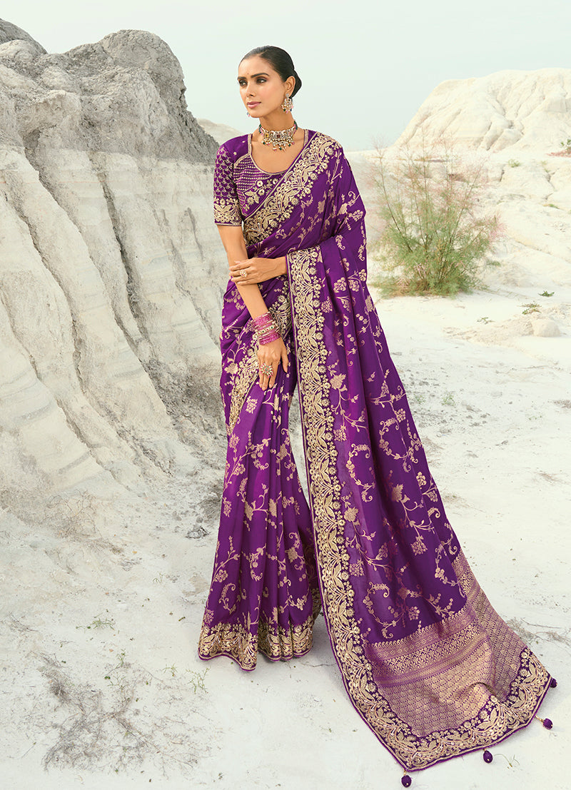 Monjolika Fashion Viscose Embroidered Dark Magenta Saree | Grocsy