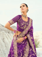 Monjolika Fashion Viscose Embroidered Dark Magenta Saree | Grocsy