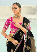 Monjolika Fashion Organza Viscose Satin Embroidered Black Saree | Grocsy