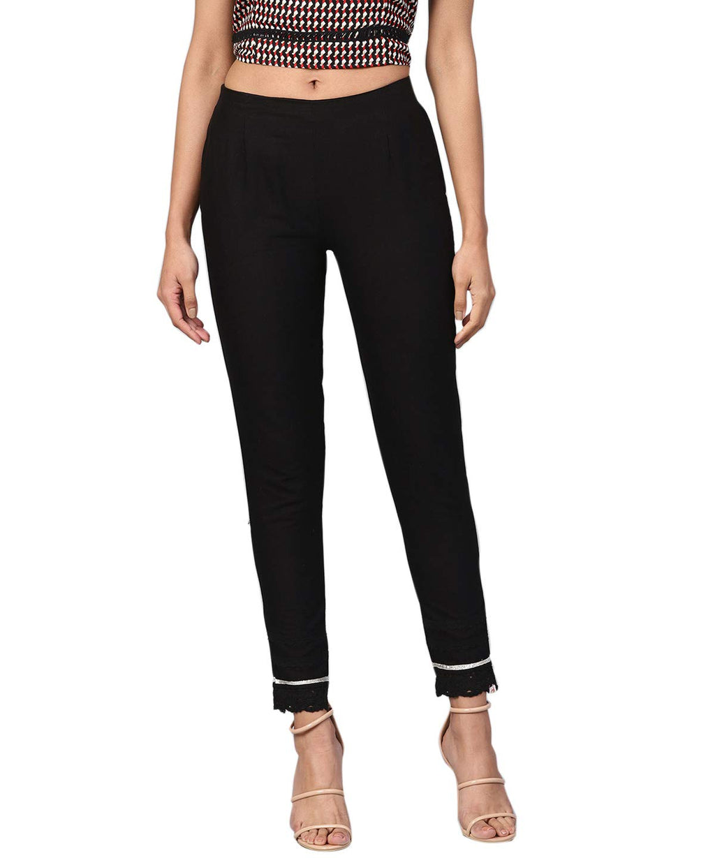 Juniper Women's Black Solid Cotton Flex Straight Fit Pants With Lace & Gota Work | Grocsy