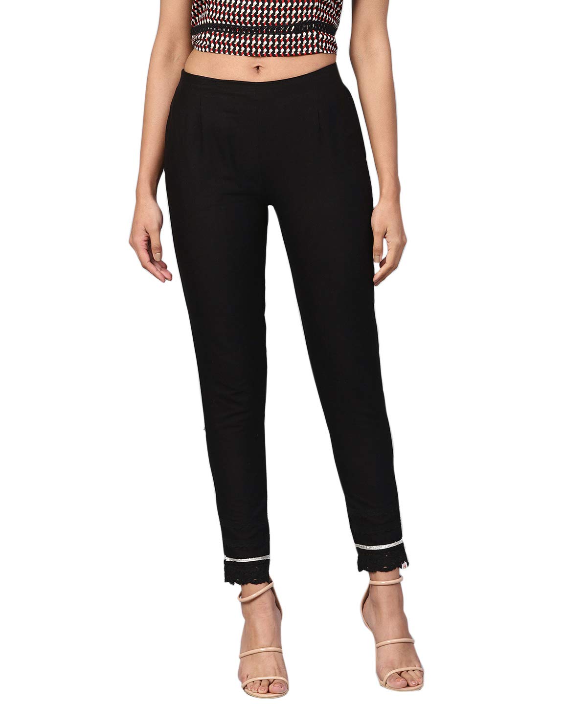 Juniper Women's Black Solid Cotton Flex Straight Fit Pants With Lace & Gota Work | Grocsy