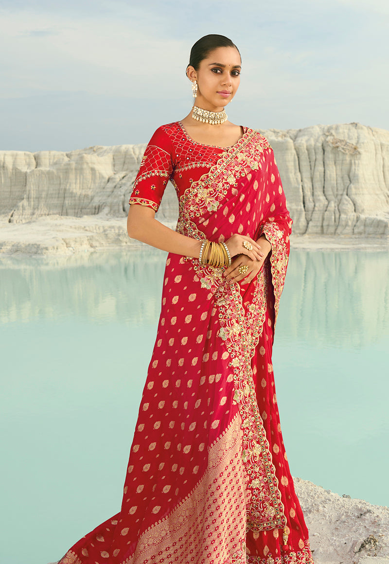 Monjolika Fashion Viscose Embroidered Red Saree | Grocsy