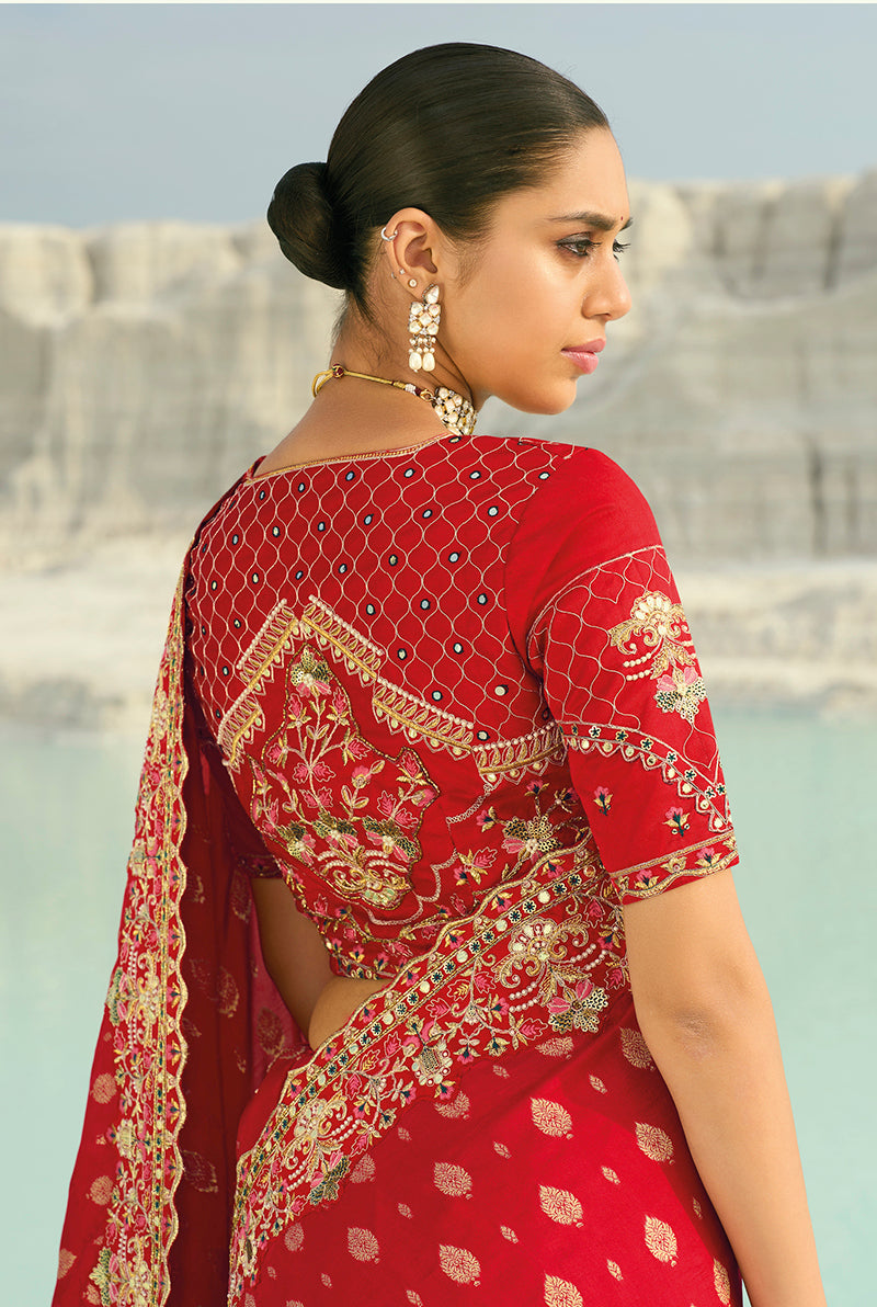 Monjolika Fashion Viscose Embroidered Red Saree | Grocsy