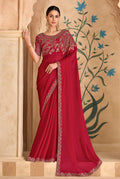 Monjolika Fashion Embroidered Faux Georgette Red Saree | Grocsy