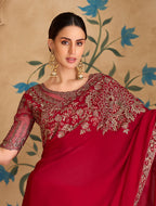 Monjolika Fashion Embroidered Faux Georgette Red Saree | Grocsy