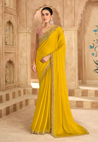Monjolika Fashion Embroidered Faux Chiffon Satin Yellow Saree | Grocsy