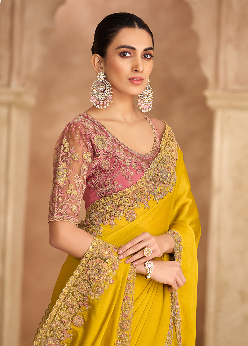 Monjolika Fashion Embroidered Faux Chiffon Satin Yellow Saree | Grocsy