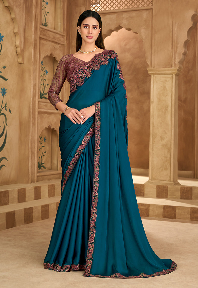 Monjolika Fashion Embroidered Faux Chiffon Satin Teal Blue Saree | Grocsy