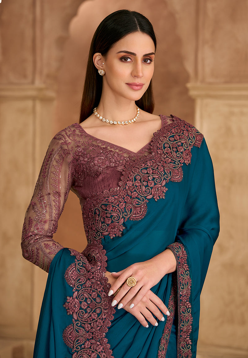 Monjolika Fashion Embroidered Faux Chiffon Satin Teal Blue Saree | Grocsy