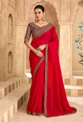 Monjolika Fashion Embroidered Faux Georgette Satin Red Saree | Grocsy