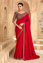 Monjolika Fashion Embroidered Faux Georgette Satin Red Saree | Grocsy